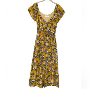 All In Favor Nordstrom yellow floral midi  short sleeve dress Sz S